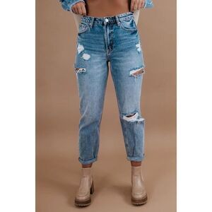 Risen Jeans Barrel Leg Jeans High Rise Distressed Ripped Medium Wash Size 3/26